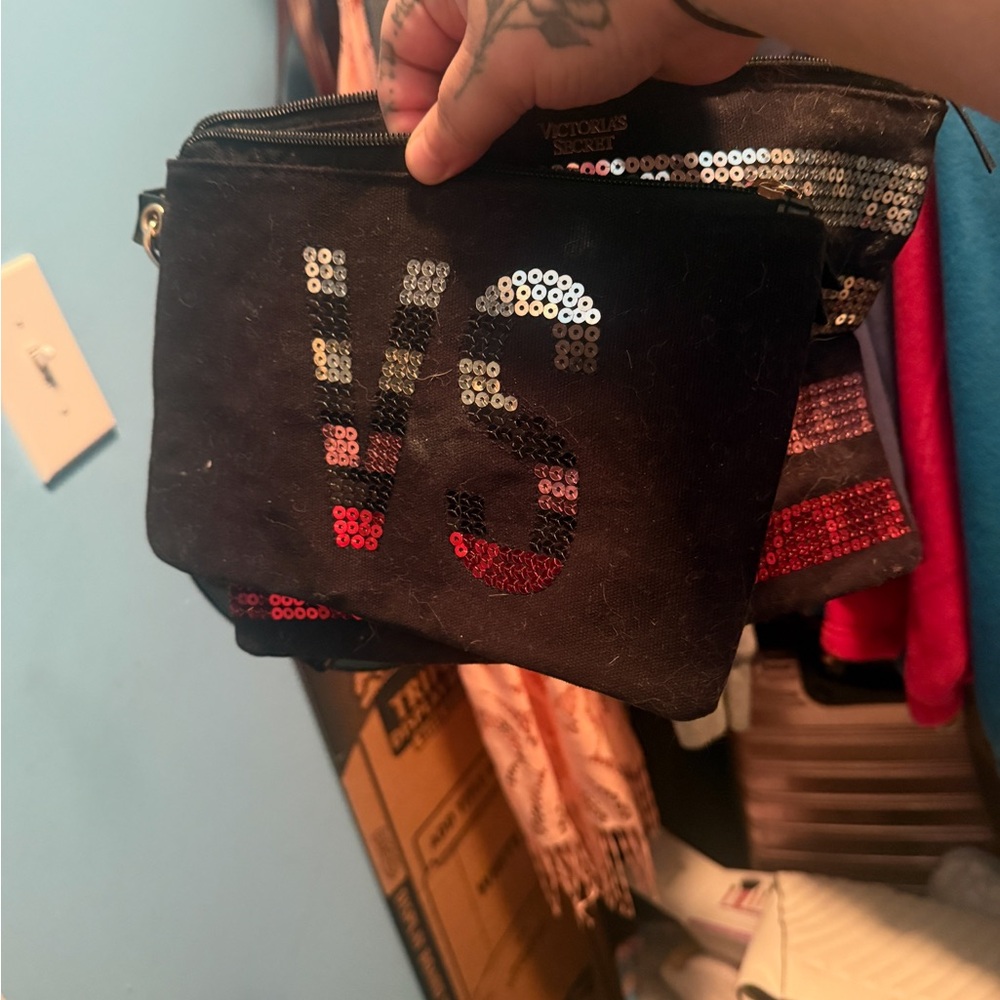 Victoria's Secret Black and Red Sequin Cosmetic Bag
